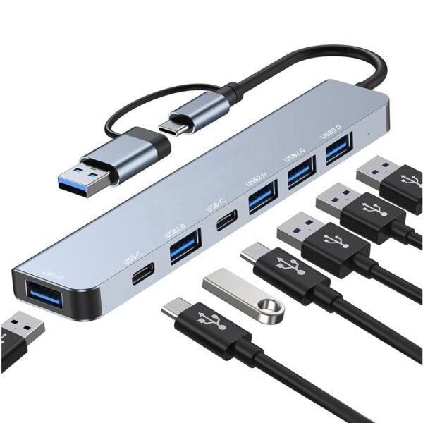 Concentrateur adaptateur USB C 7 en 1 avec 2 ports de données USB-C, USB3.0 et 4 USB2.0 pour tablette, ordinateur portable, PS5/PS4, commutateur, imprimante, ventilateur USB, etc.