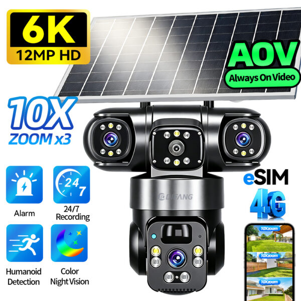 Caméra de Sécurité Dôme Solaire V380 Panoramique 360 Sans Fil 4G, Triple Lentille 12MP Extérieure pour Surveillance Domicile